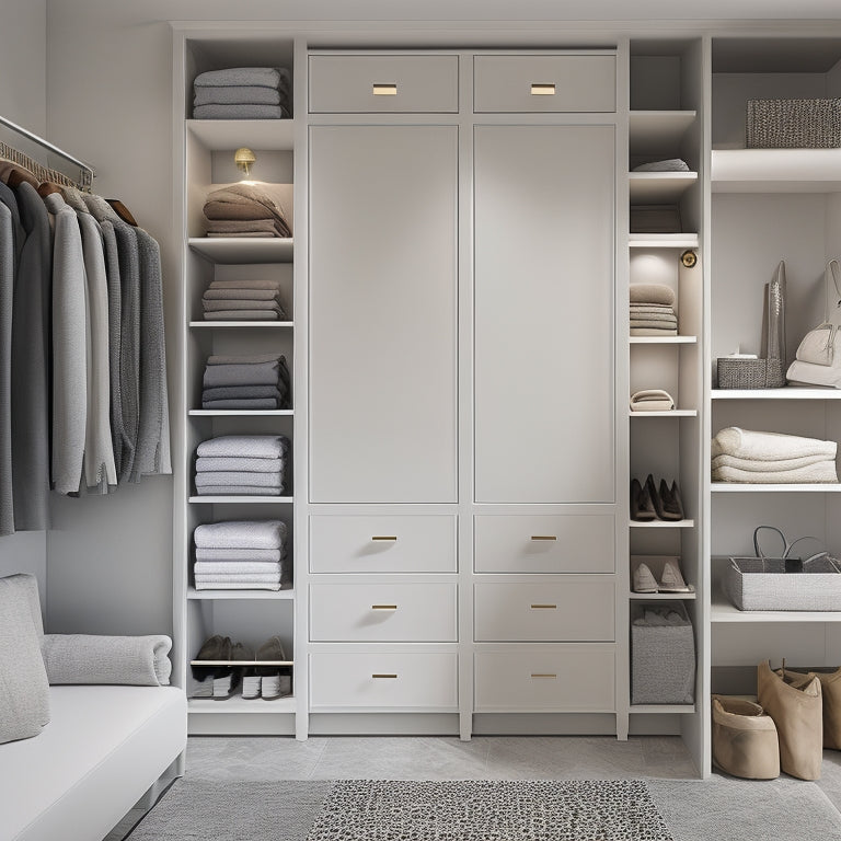A serene, minimalist closet interior with bespoke shelving, drawers, and rods in a calming gray and white color scheme, illuminated by soft, warm lighting and a few strategically placed accessories.
