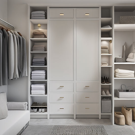 A serene, minimalist closet interior with bespoke shelving, drawers, and rods in a calming gray and white color scheme, illuminated by soft, warm lighting and a few strategically placed accessories.