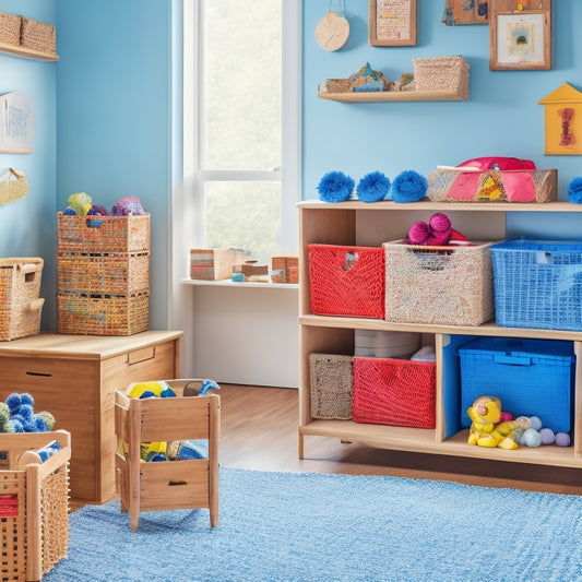 A colorful, clutter-free playroom with stacked wooden crates, woven baskets, and transparent bins, each adorned with unique, hand-drawn labels featuring icons, patterns, and shapes, showcasing a creative toy organization system.