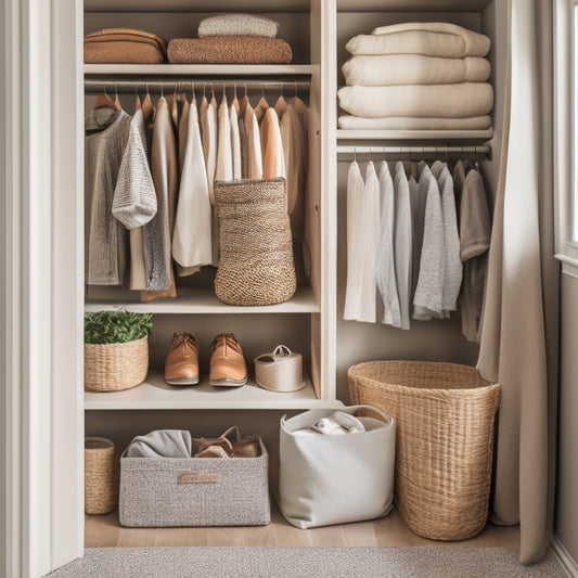 A serene, organized small closet with a neutral color palette, featuring a minimalist clothing rack, a few neatly folded items on shelves, and a small, woven storage basket on the floor.