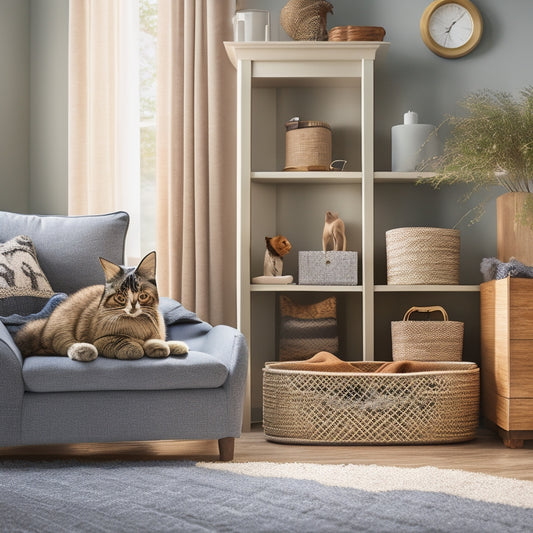 A cozy living room with a cat lounging on a plush couch, surrounded by stylish pet supply storage bins, woven baskets, and a sleek cat tower with built-in shelves and drawers.