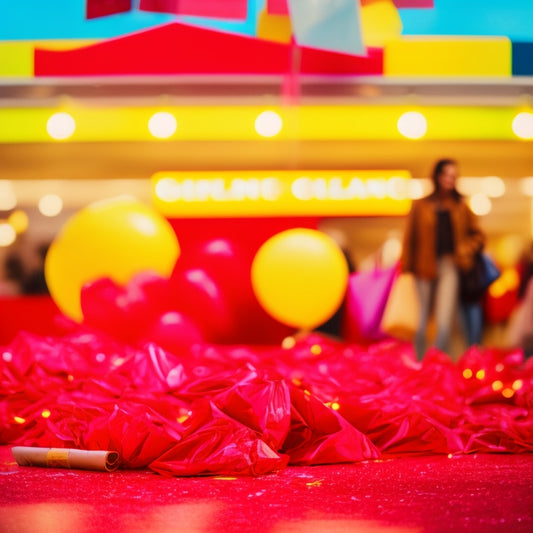 A bright and colorful image featuring a giant red "CLEARANCE" sign with a yellow arrow pointing downwards, surrounded by scattered shopping bags and confetti, with a blurred background of a department store.