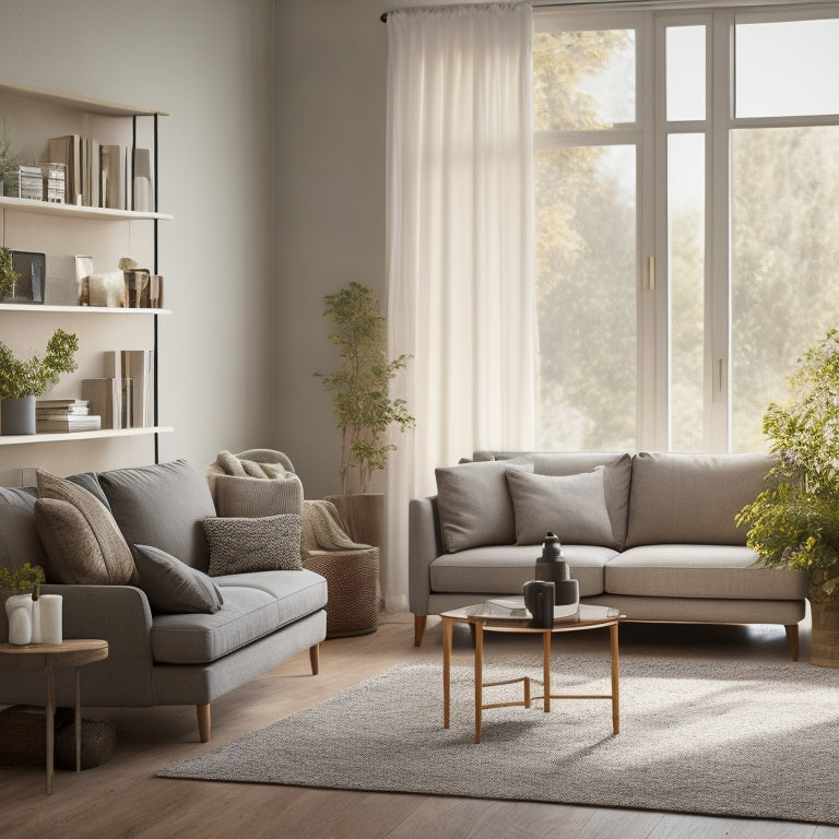 A serene, minimalist living room with a few, carefully selected decorative pieces, a tidy bookshelf, and a calm, organized person sitting on a couch, surrounded by natural light.