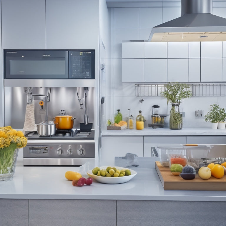 A modern kitchen with sleek, stainless steel appliances, a robotic arm chopping vegetables, and a smart countertop displaying a digital recipe, surrounded by neatly organized ingredients and utensils.