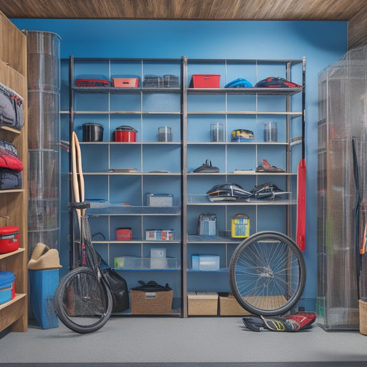 A well-organized garage with a slatwall featuring hooks holding a kayak, bike, and camping gear, alongside a shelving unit storing bins labeled with outdoor icons, and a floor-to-ceiling storage cabinet with a transparent door.