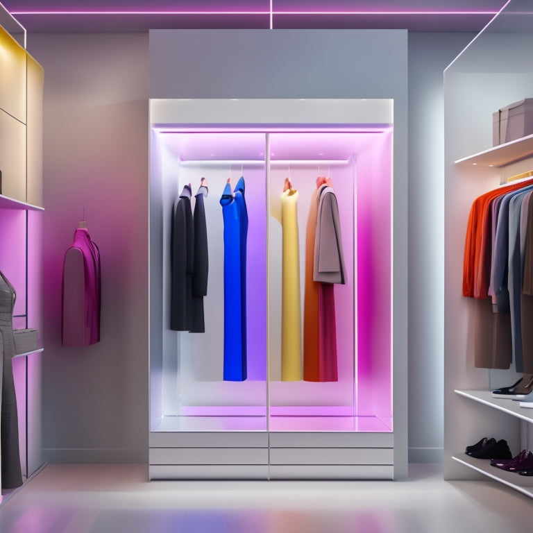 A futuristic, minimalist closet with floor-to-ceiling shelves displaying a rainbow of garments, accessorized with 3D-printed shoes, smart jewelry, and a holographic virtual stylist assistant in the center.