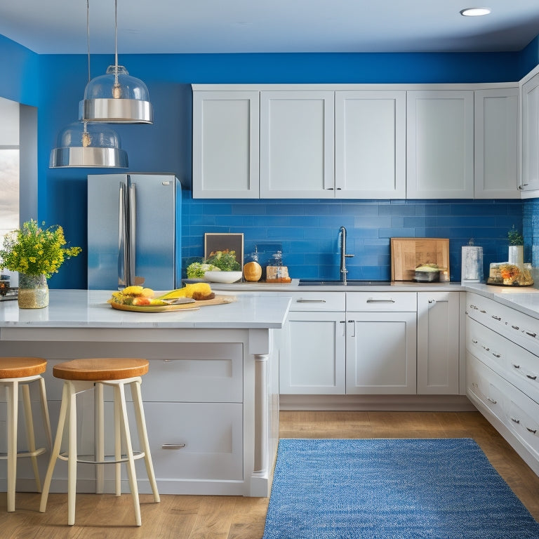 A bright, modern kitchen with sleek countertops, a tidy island, and a few strategically placed storage bins, featuring a subtle "before" area with cluttered countertops and messy utensil holders in the background.