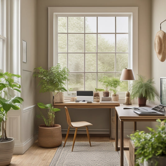 A serene home office with a tidy desk, a few well-organized files, and a small potted plant, surrounded by calming beige walls and a large window with soft, natural light filtering in.