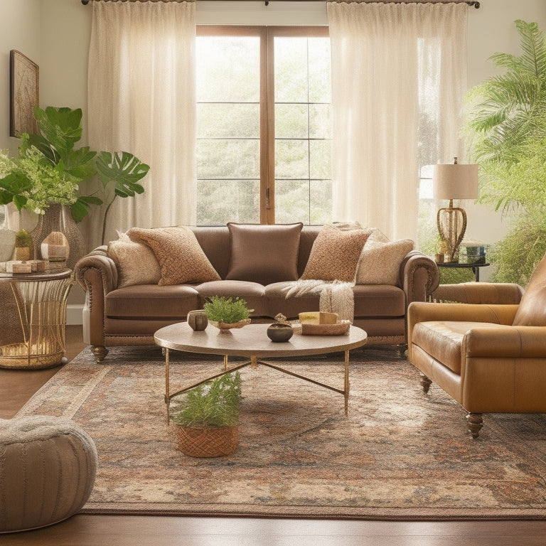 A warm and inviting living room with a plush sectional sofa, a vibrant area rug, and a refurbished vintage coffee table, surrounded by lush greenery and soft golden lighting.