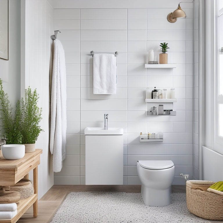 A minimalist bathroom with a wall-mounted sink, a compact toilet, and a corner shower, featuring a woven basket on a shelf, a hanging shower caddy, and a pedestal storage unit under the sink.