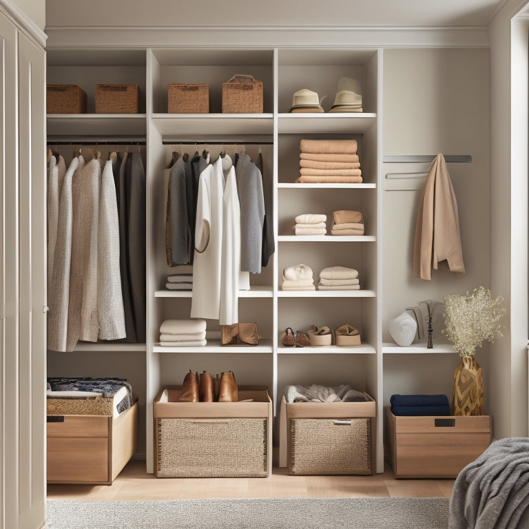 A serene, well-lit closet interior with cream-colored walls, dark wood shelving, and a mix of hanging rods and shelves, showcasing a stylishly organized clothing collection and a few elegant storage bins.