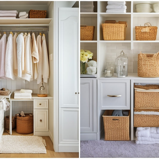 A before-and-after split-screen image featuring a cluttered, dimly lit linen closet with crumpled towels and messy shelves on the left, transformed into a bright, organized space with neatly folded linens and elegant storage on the right.