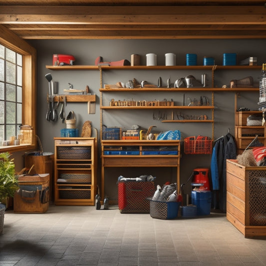 A clutter-free garage with a mix of open and closed shelving units, wooden crates, and metal baskets, showcasing organized storage of tools, sporting equipment, and seasonal decorations.