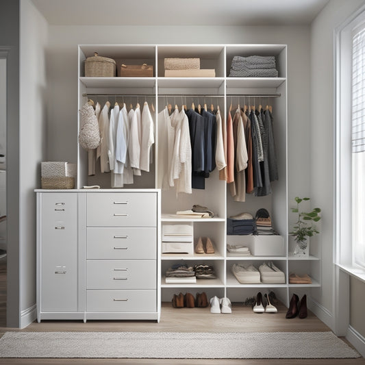 A tidy and modern closet with white shelves, rods, and drawers, showcasing a mix of hanging clothes, folded items, and storage bins, with a few stylish shoes and accessories on display.