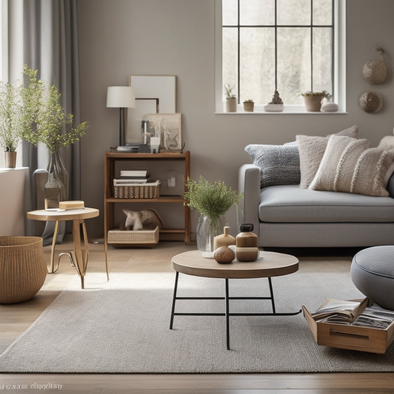 A serene, organized living room with a few, carefully-placed decorative items, a minimalist coffee table, and a single, open storage bin on the floor, surrounded by a few, neatly-folded items.