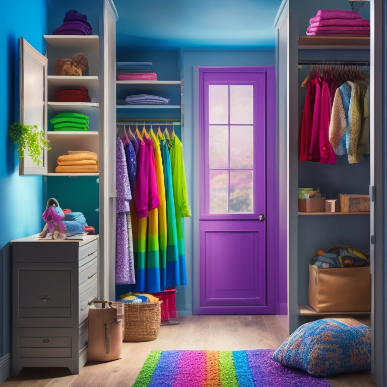 A whimsical illustration of a closet transformation: a cluttered, dark space bursting into a bright, airy room with a stylish ladder, soft lighting, and a rainbow of organized clothing and accessories.