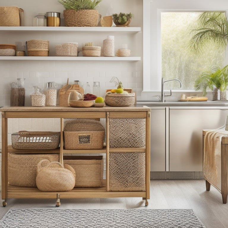 A bright, modern kitchen with a sleek cart, featuring multiple woven baskets in various sizes, filled with utensils, spices, and cookbooks, surrounded by clean countertops and a subtle woodgrain background.