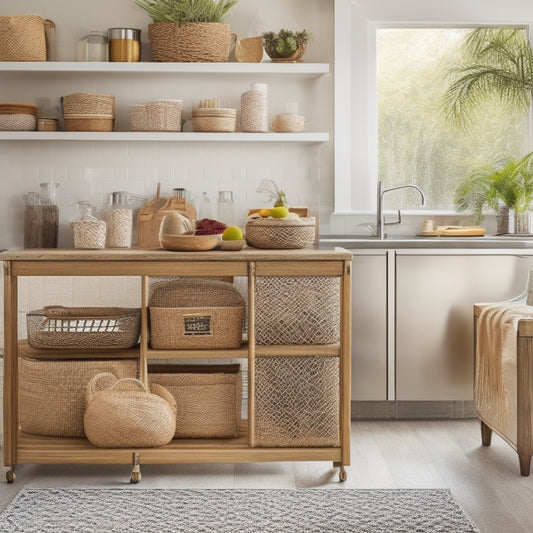 A bright, modern kitchen with a sleek cart, featuring multiple woven baskets in various sizes, filled with utensils, spices, and cookbooks, surrounded by clean countertops and a subtle woodgrain background.