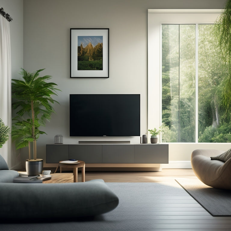 A serene, minimalist living room with a wall-mounted TV, sleek floating shelves, and a compact, space-saving desk, surrounded by calming greenery and plenty of natural light.