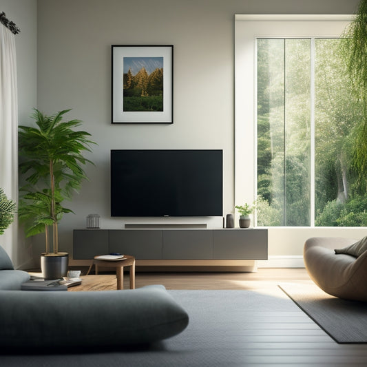 A serene, minimalist living room with a wall-mounted TV, sleek floating shelves, and a compact, space-saving desk, surrounded by calming greenery and plenty of natural light.