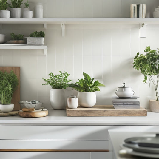 A serene, minimalist kitchen with soft, warm lighting, featuring a few, carefully selected cookbooks on a sleek, white shelf, and a small, potted herb plant on a clutter-free countertop.