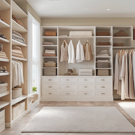 A serene, spacious master bedroom closet with cream-colored walls, rich wood shelves, and a plush area rug, featuring neatly organized clothing, shoes, and accessories on sleek, modern storage systems.