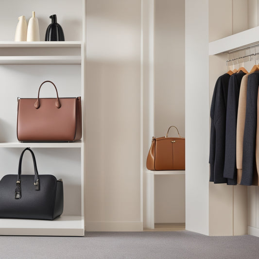 A minimalist, sleek, and modern closet interior with a Yamazaki Home handbag organizer system installed, showcasing 5-7 stylish handbags of varying shapes and sizes neatly stored and displayed.
