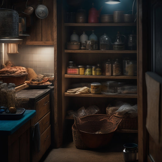 A dimly lit kitchen cabinet corner with a faint glow, revealing a tangled mess of expired food packets, dusty utensils, and forgotten kitchen gadgets, amidst a backdrop of worn wooden shelves.