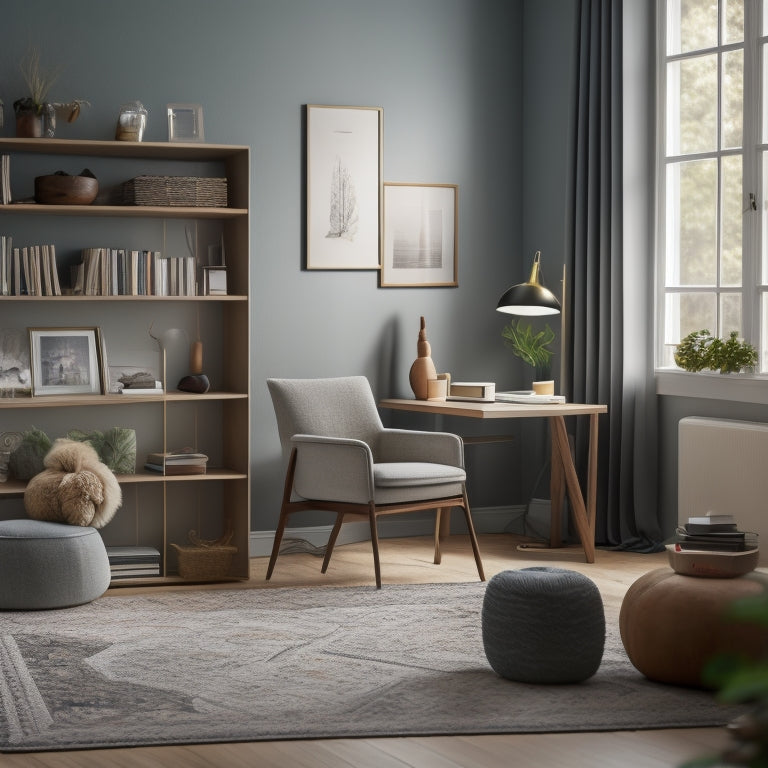 A serene, well-lit room with a minimalist aesthetic, featuring a tidy bookshelf, a neatly organized desk with a few choice decorative items, and a plush area rug in a calming color.