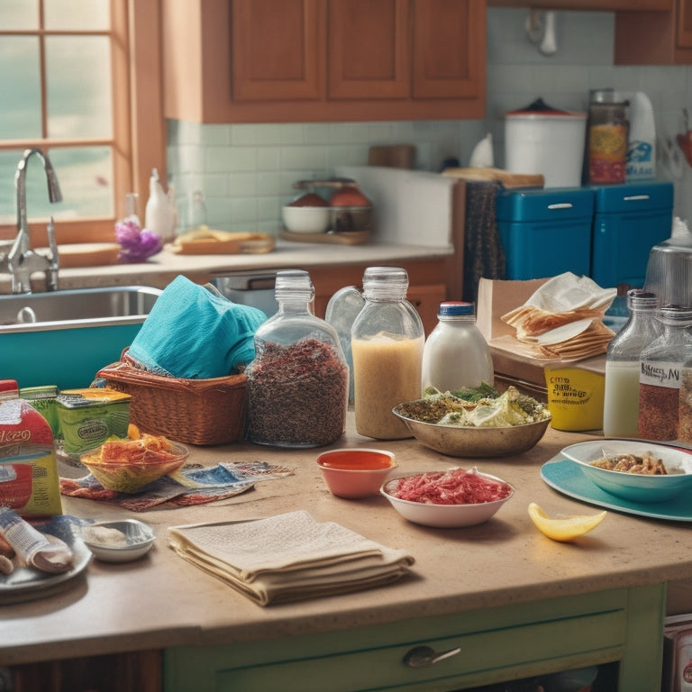 A cluttered kitchen counter with stacks of dirty dishes, crumpled paper towels, and expired condiments, surrounded by a messy apron and a trash can overflowing with food wrappers.