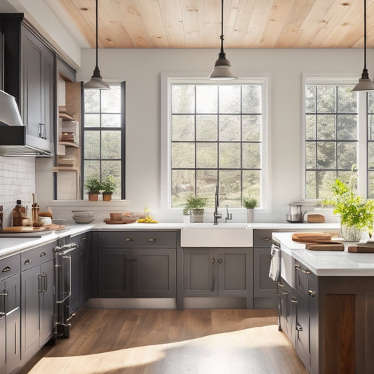 A bright, modern kitchen with white Shaker-style cabinets, matte black hardware, and a reclaimed wood island, surrounded by natural light pouring in through large windows and a skylight above.