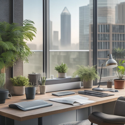 A serene workspace with a tidy desk, a few strategically placed plants, and a subtle cityscape background, contrasting with a blurred, cluttered area in the corner, symbolizing transformation.