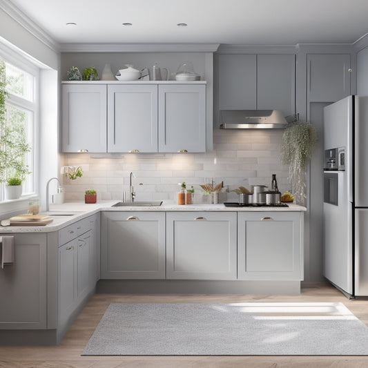 A tidy, L-shaped kitchen with sleek, handle-less cabinets in a light gray finish, featuring a pull-out trash can, a wall-mounted pot rack, and a compact, rounded kitchen island with built-in storage.