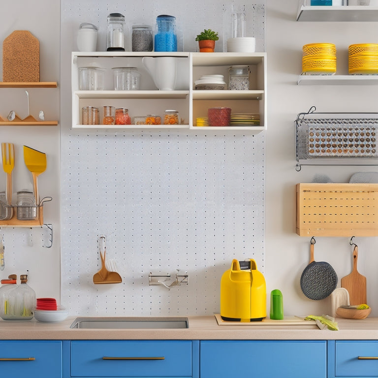 A bright, modern kitchen with 10 numbered, minimalist storage solutions: a pegboard for utensils, a pull-out spice rack, a hidden trash can, and more, arranged in a harmonious, clutter-free space.