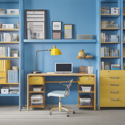 A tidy, minimalist workspace with a desk, chair, and three-tiered shelving unit, featuring colorful labeled files, folders, and storage bins, surrounded by a few neatly arranged office supplies.