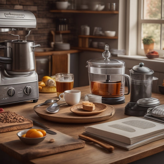 A cluttered kitchen counter with a toaster, blender, and coffee maker pushed to the back, surrounded by scattered kitchen utensils, open recipe books, and a few scattered dirty dishes.