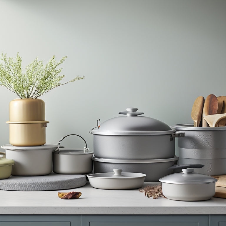 A clutter-free kitchen countertop with three lid racks of varying sizes, each holding a stack of neatly arranged pot lids, against a light-gray background with warm, natural lighting.