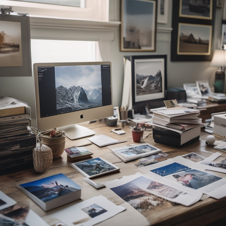 A cluttered desk with scattered photo prints, tangled cords, and a laptop with multiple screens displaying disorganized digital albums, surrounded by empty frames and a few nostalgic polaroids.