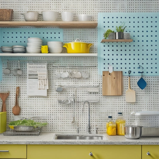 A bright, modern kitchen with empty walls, sparse decor, and a few scattered utensils, contrasting with a adjacent section featuring a vibrant, functional pegboard, shelves, and a bustling utensil-filled wall.