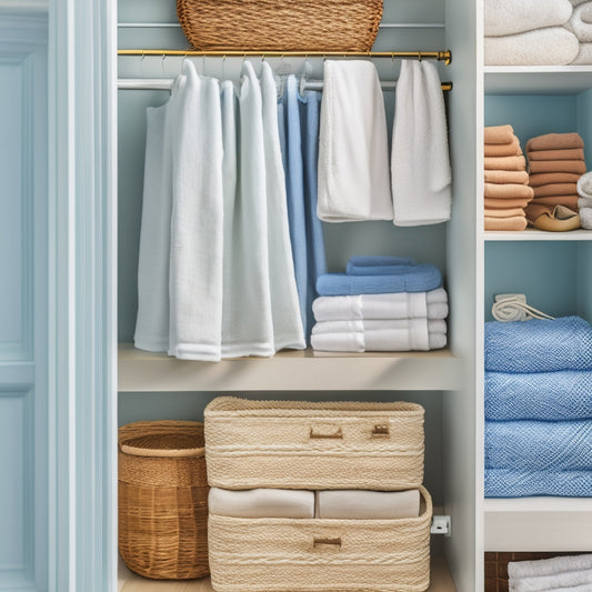 A serene, organized linen closet with crisp, white sheets and towels stacked neatly on custom shelves, alongside woven baskets and a few decorative accents in a calming, light-blue hue.