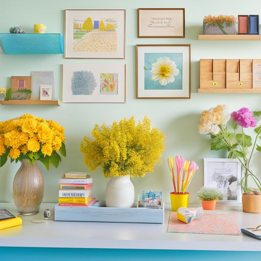 A bright and airy room with a desk cluttered with papers, pens, and a laptop, transformed into a tidy space with a few colorful printables on a bulletin board and a vase with fresh flowers.