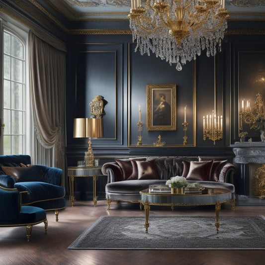 A luxurious living room with a gleaming chandelier, velvet sofas, and a floor-to-ceiling marble fireplace, surrounded by A-list celebrity portraits and gilded accents, set against a backdrop of dark, rich wood paneling.