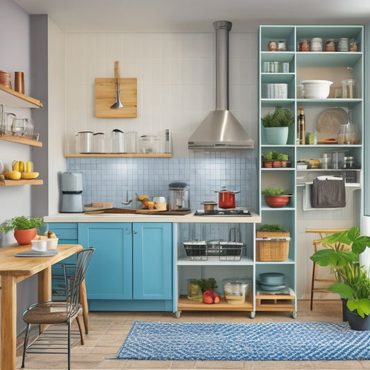 A clutter-free, compact kitchen with a wall-mounted pot rack, a foldable table, and a multi-tiered cart with baskets, surrounded by sleek, space-saving appliances and utensils.