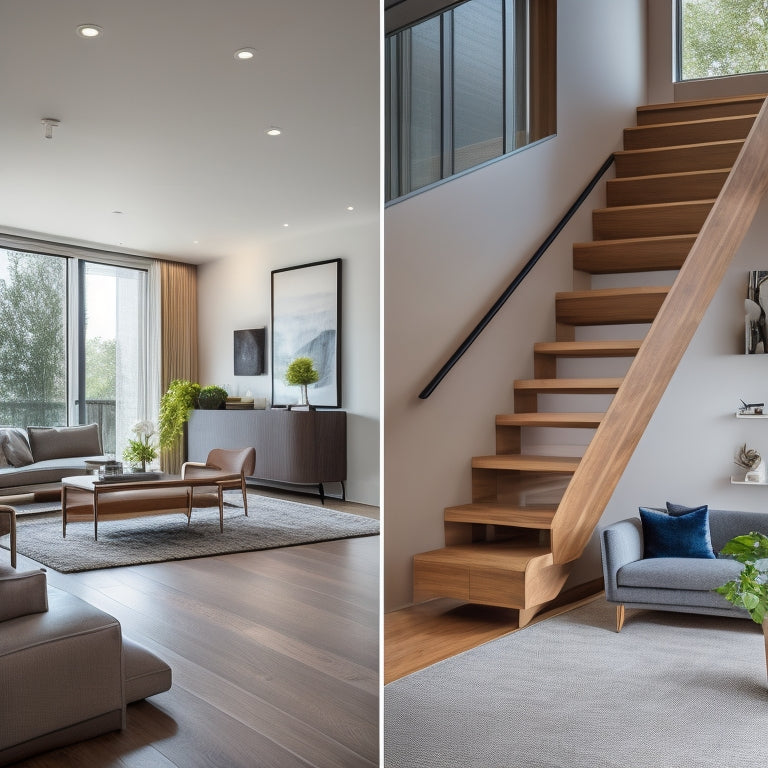 A bright, modern living room with bespoke cabinetry, sleek sliding doors, and a statement wooden staircase, showcasing a seamless blend of form and function in a founder's home transformation.