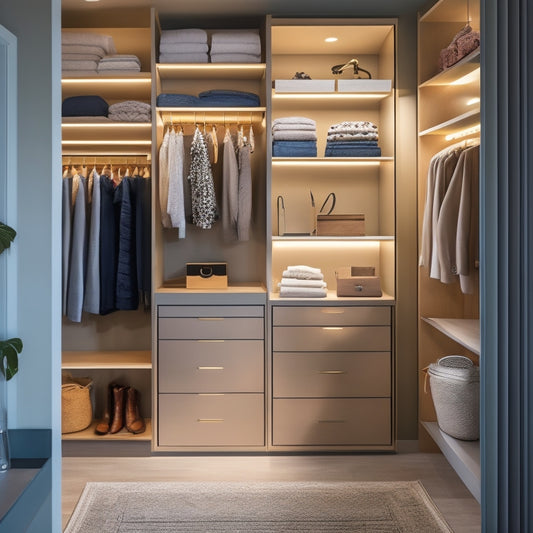 A sleek, modern closet with custom shelving, a central island, and a mix of open and closed storage, illuminated by soft, warm lighting, with a few stylish outfits and accessories artfully arranged.