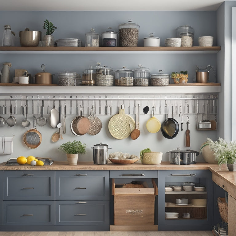 A tidy kitchen with a mix of open and closed cabinets, showcasing a variety of vertical storage solutions: hanging pot racks, wall-mounted shelves, and pegboards with hooks, all holding an assortment of pots and pans.