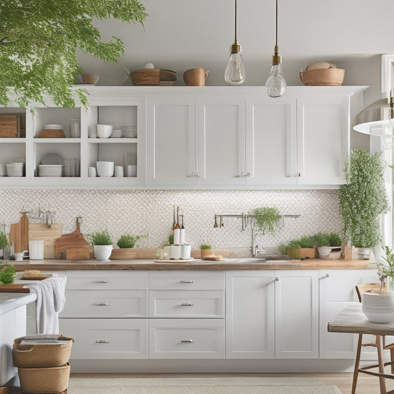 A spacious, well-lit kitchen with sleek white cabinets, featuring a mix of open shelves, closed drawers, and hanging utensil organizers, surrounded by warm, natural wood accents and lush greenery.