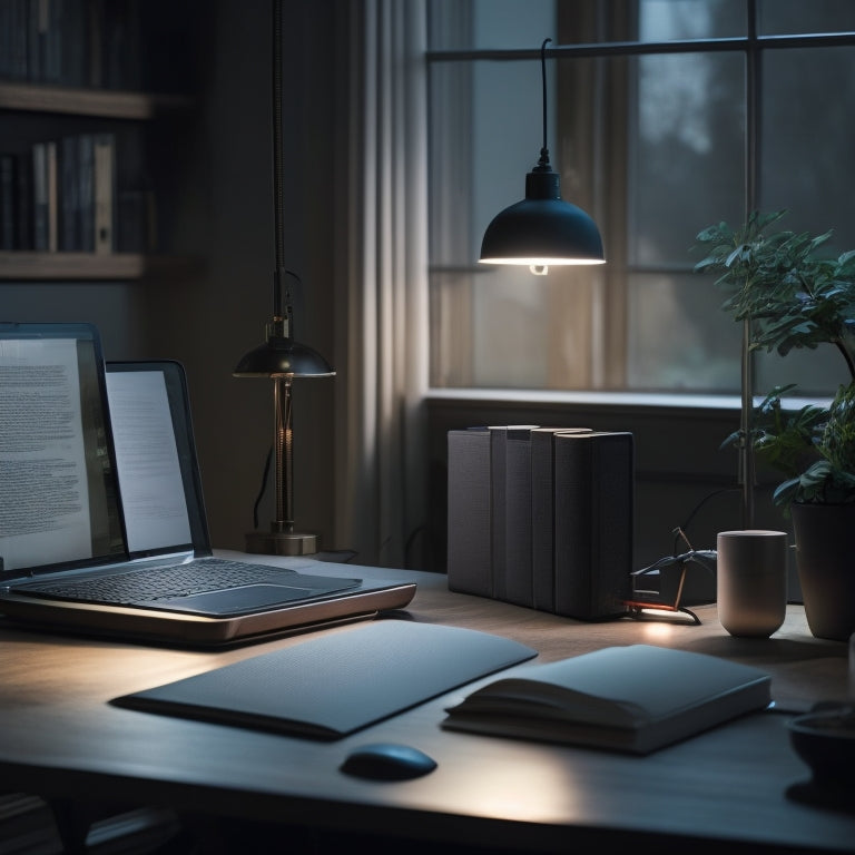 A serene, dimly lit workspace with a sleek laptop, a few carefully placed books, and a minimalist desk lamp, surrounded by empty, calming space, evoking a sense of digital clarity.