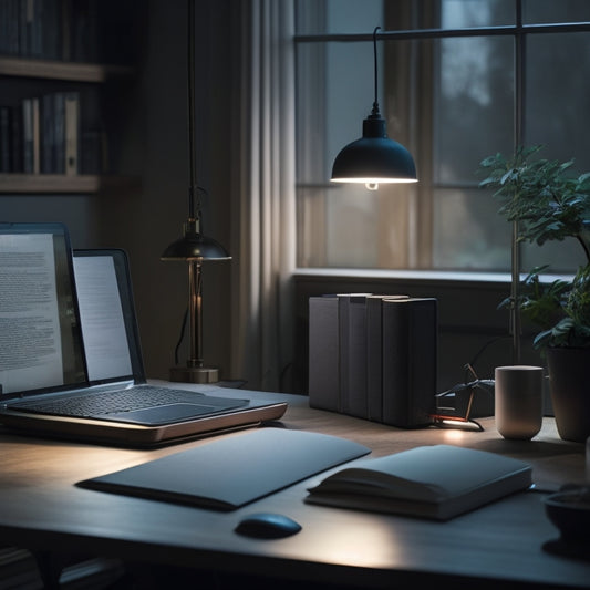 A serene, dimly lit workspace with a sleek laptop, a few carefully placed books, and a minimalist desk lamp, surrounded by empty, calming space, evoking a sense of digital clarity.
