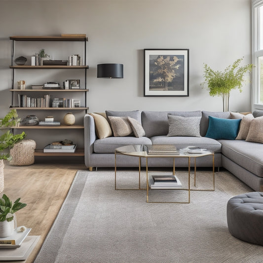 A modern, sleek, and organized living room with floor-to-ceiling shelves, a minimalist console table, and a hidden storage ottoman, surrounded by a few scattered throw pillows and a large area rug.